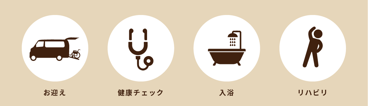 お迎え、バイタルチェック、入浴、リハビリ