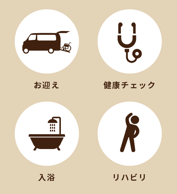 お迎え、健康チェック、入浴、リハビリ